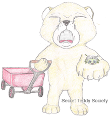 Crying teddy bear with his wagon and a bug that is adorable.