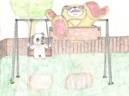 Drawing of two teddy bears playing on a swingset.
