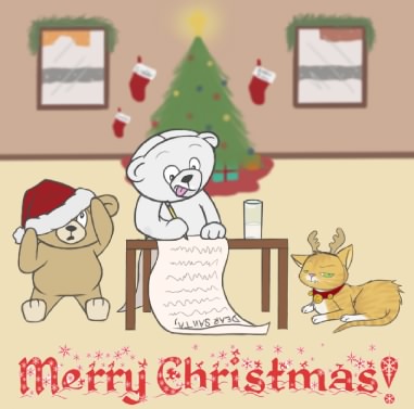 Teddy bear Christmas. Waldo sending his best teddy bear list to Santa Claus.