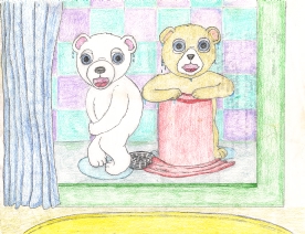 Two teddy bears in the shower. Although teddy don't like to get wet. Makes for a great story book.
