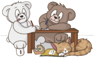 Two teddy bears and a cat writing a letter